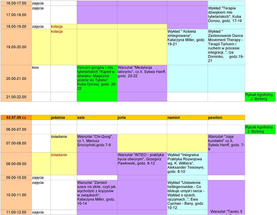 17-19 Wykład " Zastosowanie Dance Movement Therapy - Terapii Tańcem i ruchem w procesie integracji..", Iza Dominko, godz.19-21 02.07.09 cz jadalnia sala jurta namiot pawilon 08.00-09.