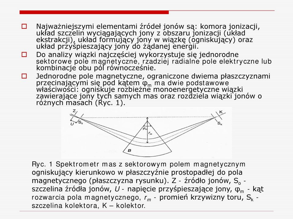 Jednorodne pole magnetyczne, ograniczone dwiema płaszczyznami przecinającymi się pod kątem φ m ma dwie podstawowe właściwości: ogniskuje rozbieżne monoenergetyczne wiązki zawierające jony tych samych