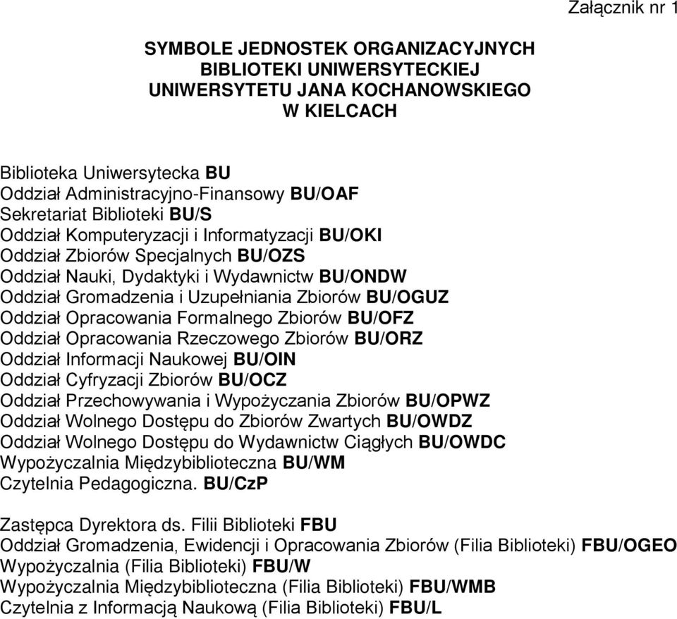 BU/OGUZ Oddział Opracowania Formalnego Zbiorów BU/OFZ Oddział Opracowania Rzeczowego Zbiorów BU/ORZ Oddział Informacji Naukowej BU/OIN Oddział Cyfryzacji Zbiorów BU/OCZ Oddział Przechowywania i