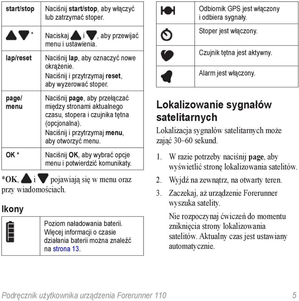 page/ menu Naciśnij page, aby przełączać między stronami aktualnego czasu, stopera i czujnika tętna (opcjonalna). Naciśnij i przytrzymaj menu, aby otworzyć menu.