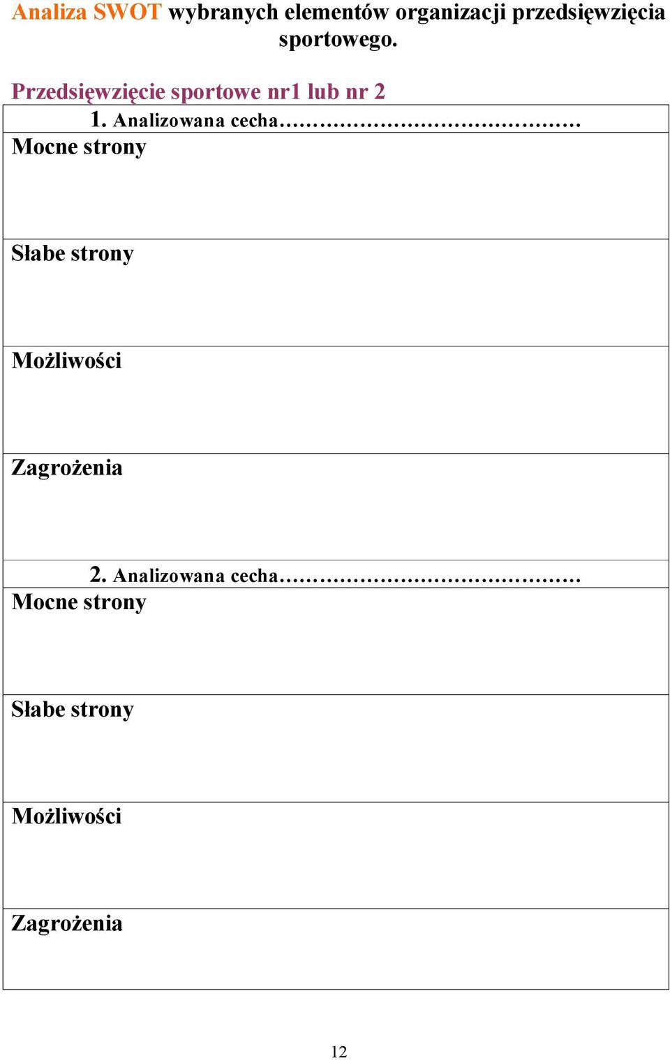 Analizowana cecha Mocne strony Słabe strony Możliwości