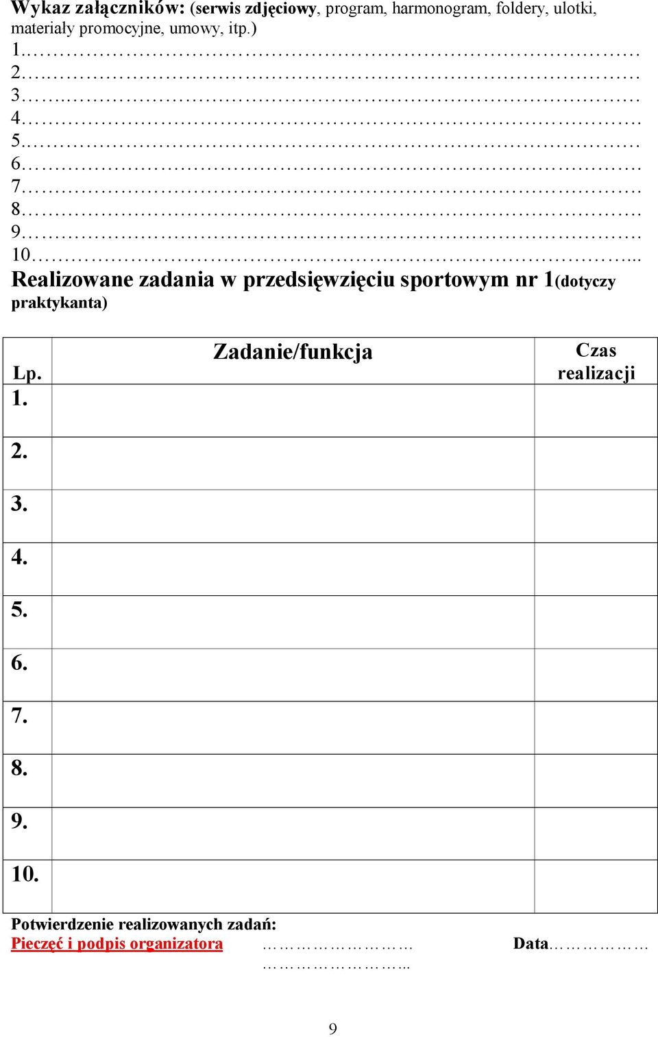 .. Realizowane zadania w przedsięwzięciu sportowym nr 1(dotyczy praktykanta) Lp. 1. 2. 3.