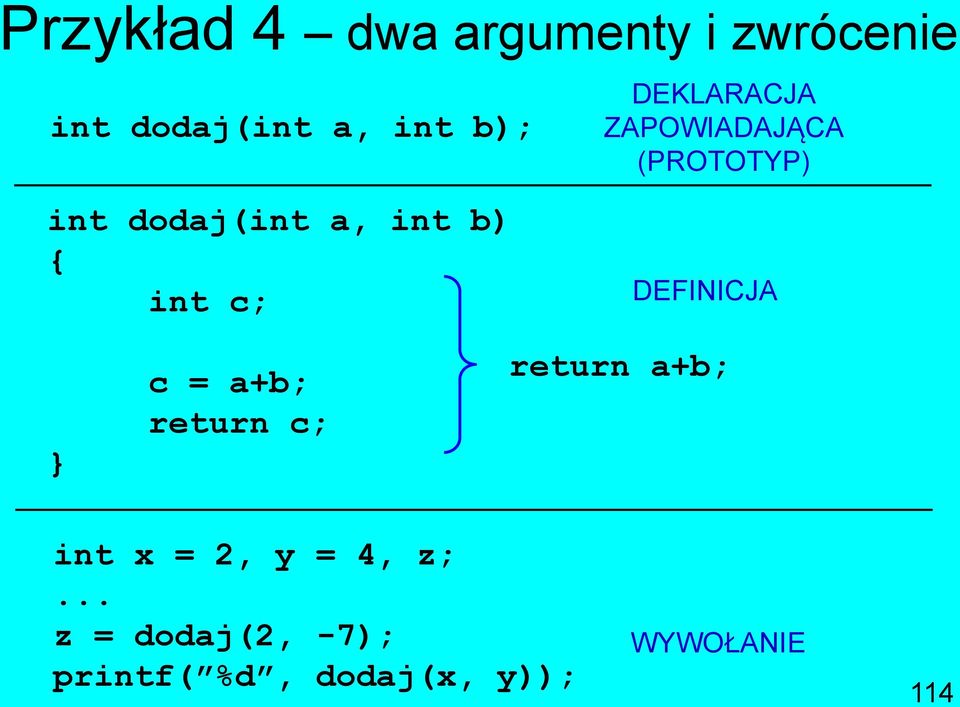 (PROTOTYP) DEFINICJA c = a+b; return c; return a+b; int x = 2,