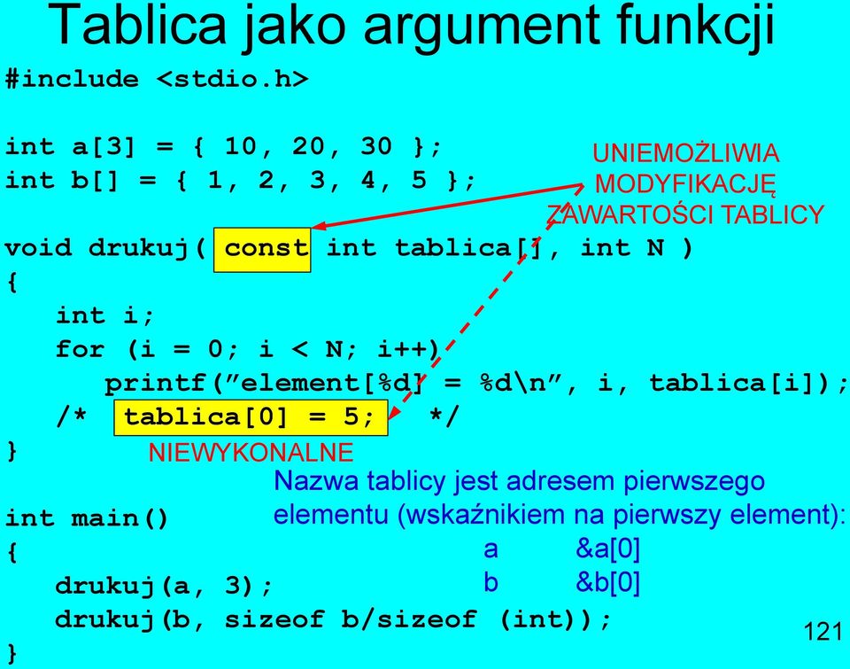 const int tablica[], int N ) int i; for (i = 0; i < N; i++) printf( element[%d] = %d\n, i, tablica[i]); /*