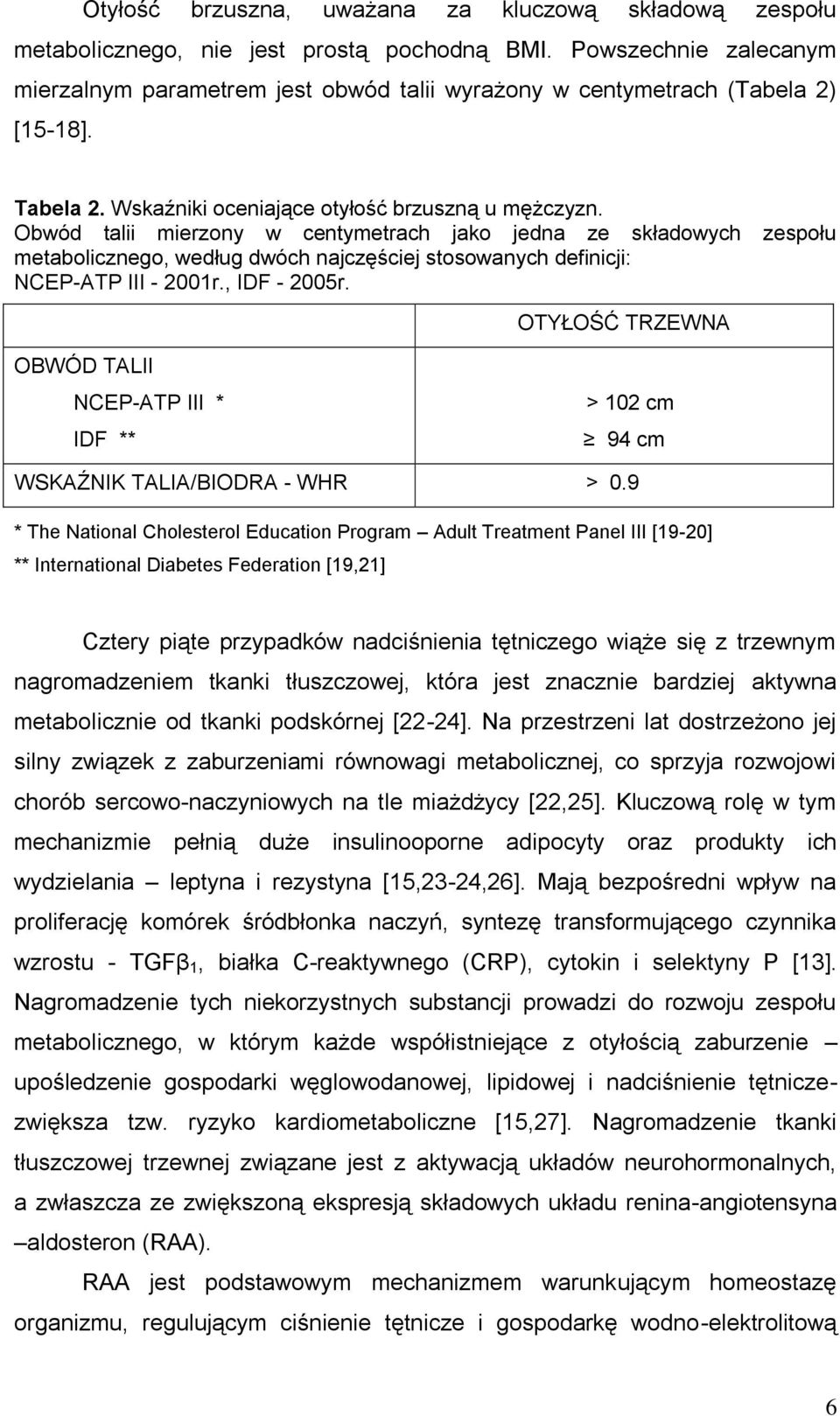 Obwód talii mierzony w centymetrach jako jedna ze składowych zespołu metabolicznego, według dwóch najczęściej stosowanych definicji: NCEP-ATP III - 2001r., IDF - 2005r.