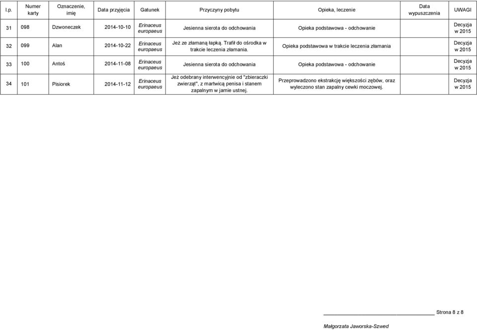 w trakcie leczenia złamania 33 100 Antoś 2014-11-08 Jesienna sierota do odchowania - odchowanie 34 101 Pisiorek 2014-11-12
