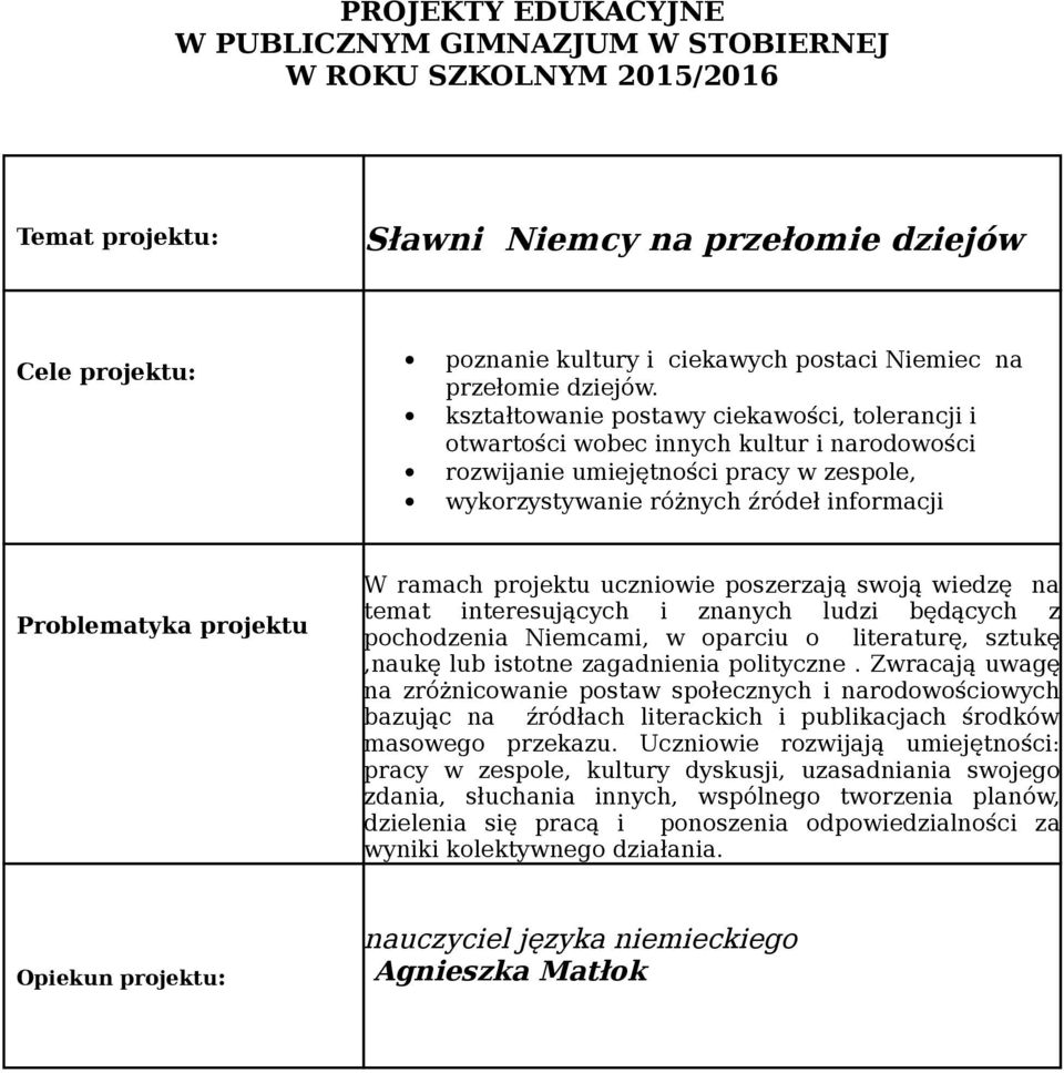 poszerzają swoją wiedzę na temat interesujących i znanych ludzi będących z pochodzenia Niemcami, w oparciu o literaturę, sztukę,naukę lub istotne zagadnienia polityczne.