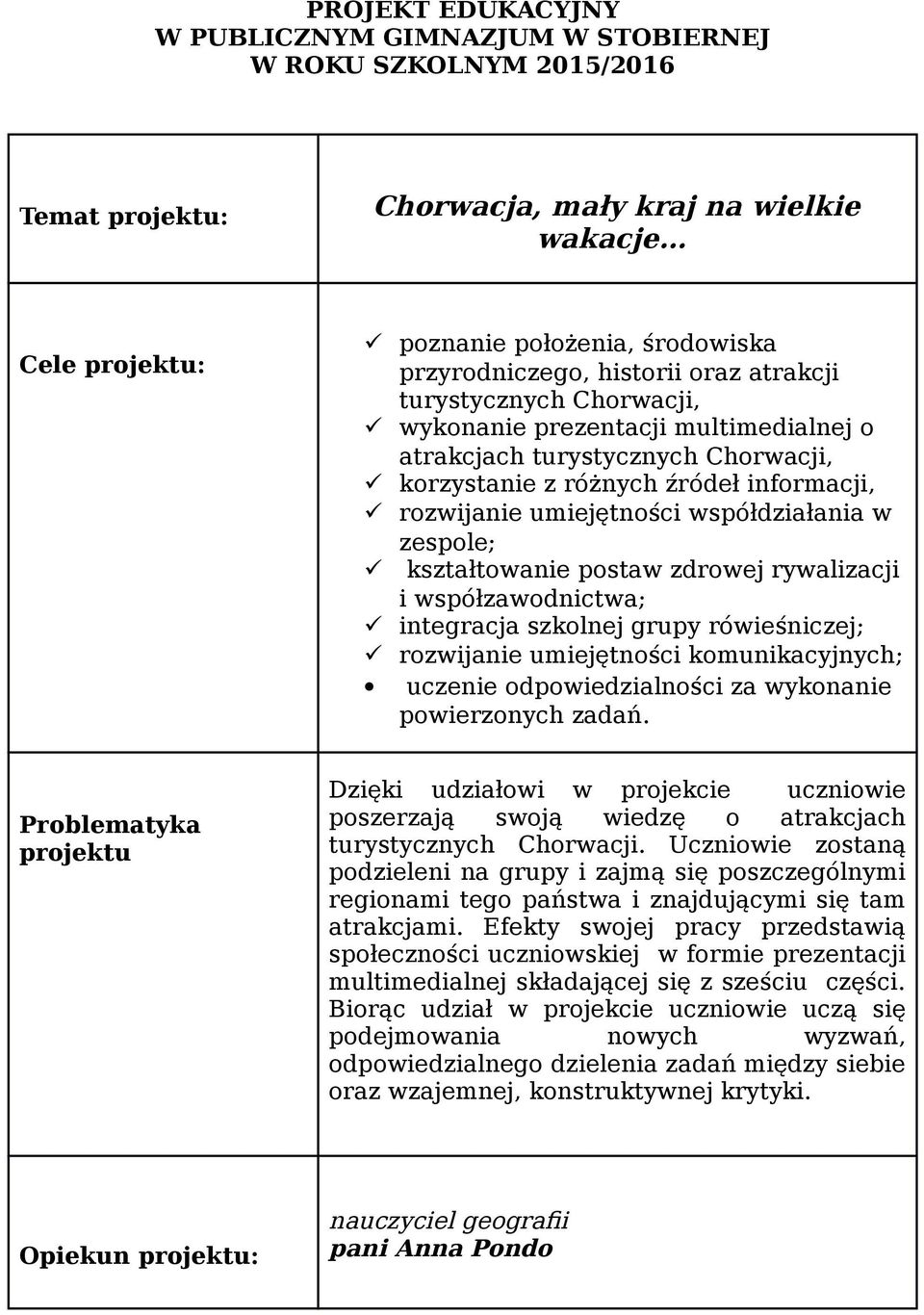 rówieśniczej; rozwijanie umiejętności komunikacyjnych; uczenie odpowiedzialności za wykonanie powierzonych zadań.