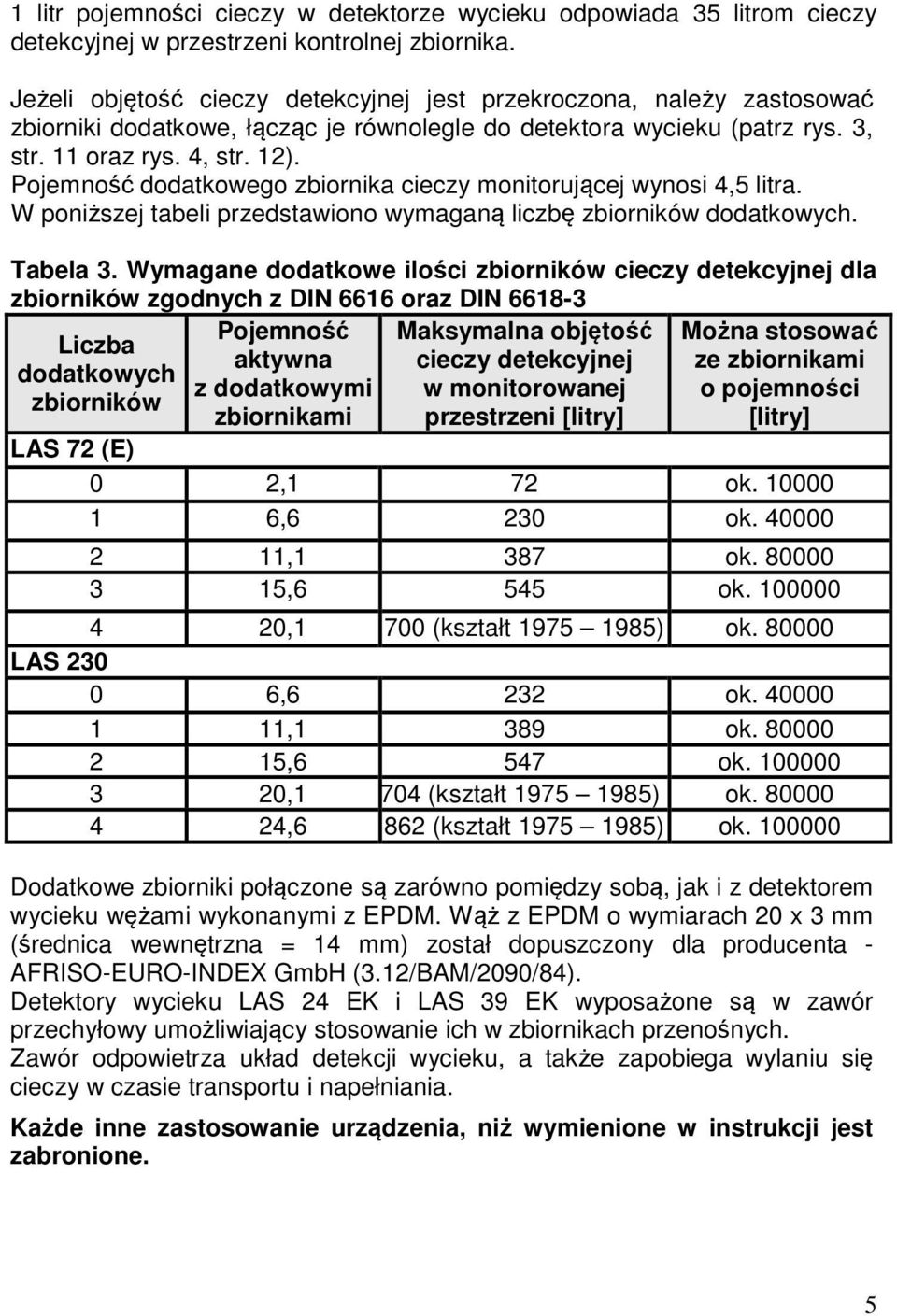 Pojemność dodatkowego zbiornika cieczy monitorującej wynosi 4,5 litra. W poniższej tabeli przedstawiono wymaganą liczbę zbiorników dodatkowych. Tabela 3.