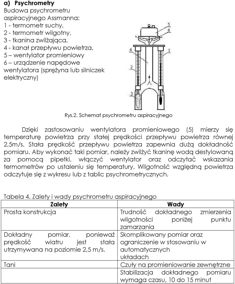 Schemat psychrometru aspiracyjnego Dzięki zastosowaniu wentylatora promieniowego (5) mierzy się temperaturę powietrza przy stałej prędkości przepływu powietrza równej 2,5m/s.