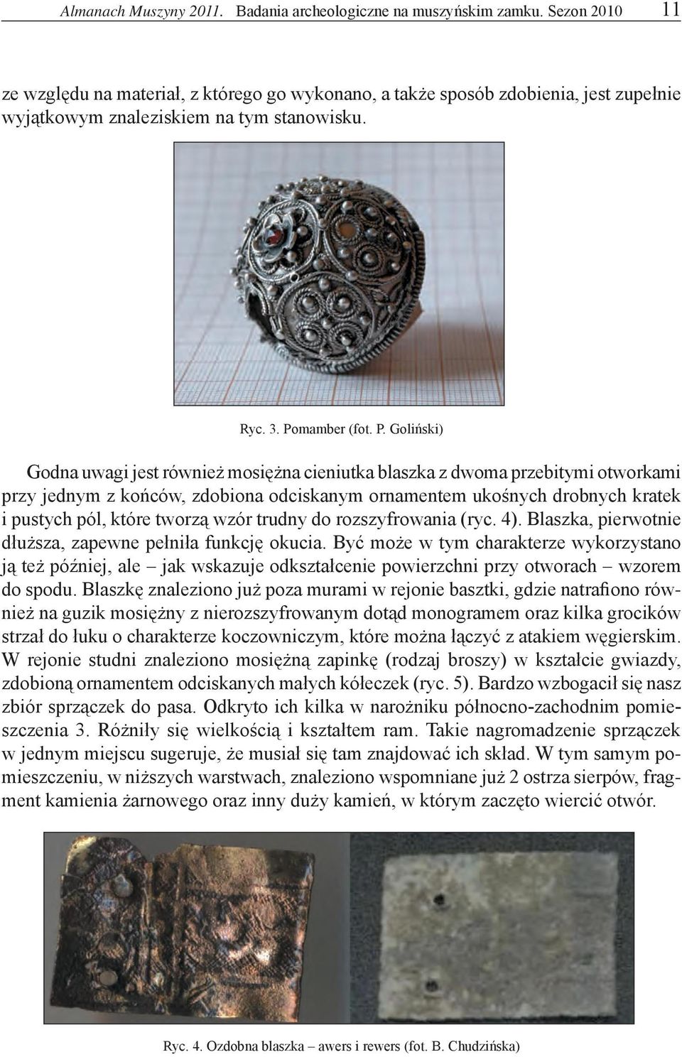 Goliński) Godna uwagi jest również mosiężna cieniutka blaszka z dwoma przebitymi otworkami przy jednym z końców, zdobiona odciskanym ornamentem ukośnych drobnych kratek i pustych pól, które tworzą