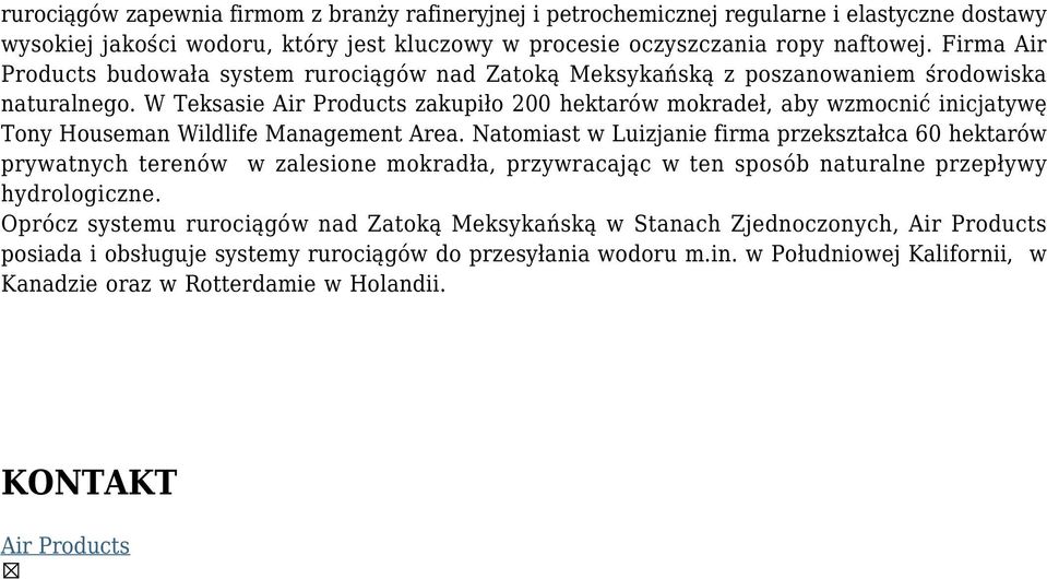 W Teksasie Air Products zakupiło 200 hektarów mokradeł, aby wzmocnić inicjatywę Tony Houseman Wildlife Management Area.