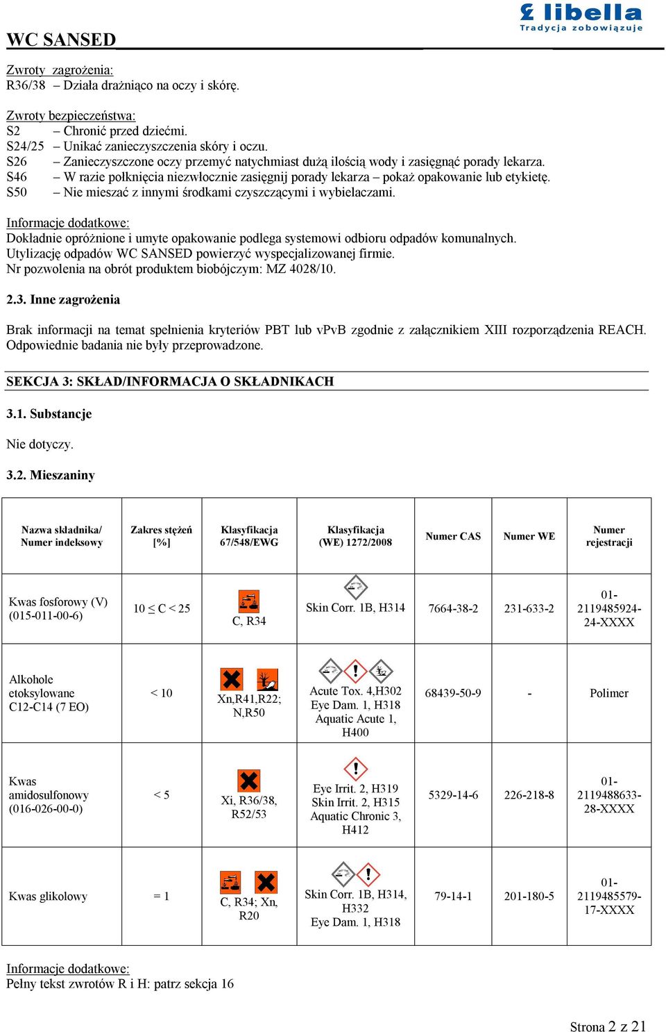 S50 Nie mieszać z innymi środkami czyszczącymi i wybielaczami. Informacje dodatkowe: Dokładnie opróżnione i umyte opakowanie podlega systemowi odbioru odpadów komunalnych.