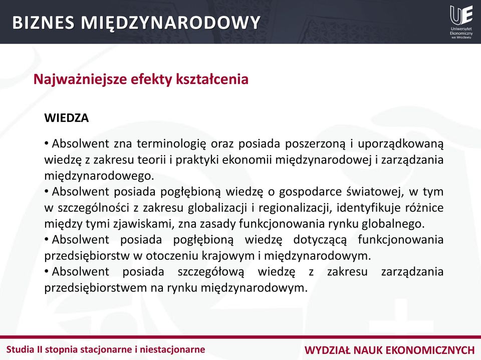 Absolwent posiada pogłębioną wiedzę o gospodarce światowej, w tym w szczególności z zakresu globalizacji i regionalizacji, identyfikuje różnice między tymi