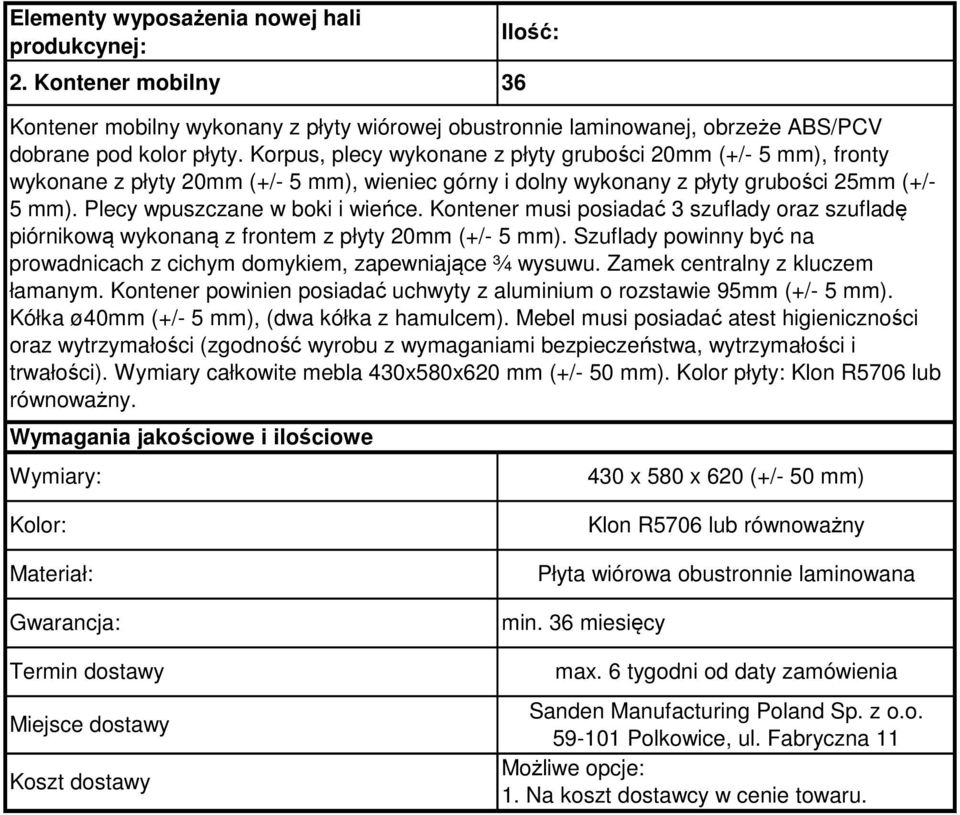 Kontener musi posiadać 3 szuflady oraz szufladę piórnikową wykonaną z frontem z płyty 20mm (+/- 5 mm). Szuflady powinny być na prowadnicach z cichym domykiem, zapewniające ¾ wysuwu.