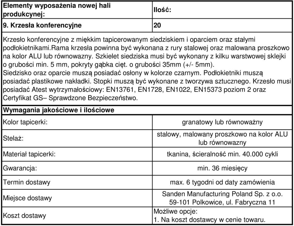 5 mm, pokryty gąbka cięt. o grubości 35mm (+/- 5mm). Siedzisko oraz oparcie muszą posiadać osłony w kolorze czarnym. Podłokietniki muszą posiadać plastikowe nakładki.