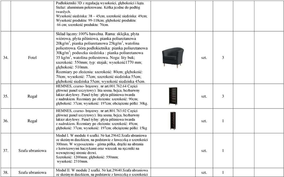 Rama: sklejka, płyta wiórowa, płyta pilśniowa, pianka poliuretanowa 20kg/m 3, pianka poliuretanowa 25kg/m 3, watolina poliestrowa.
