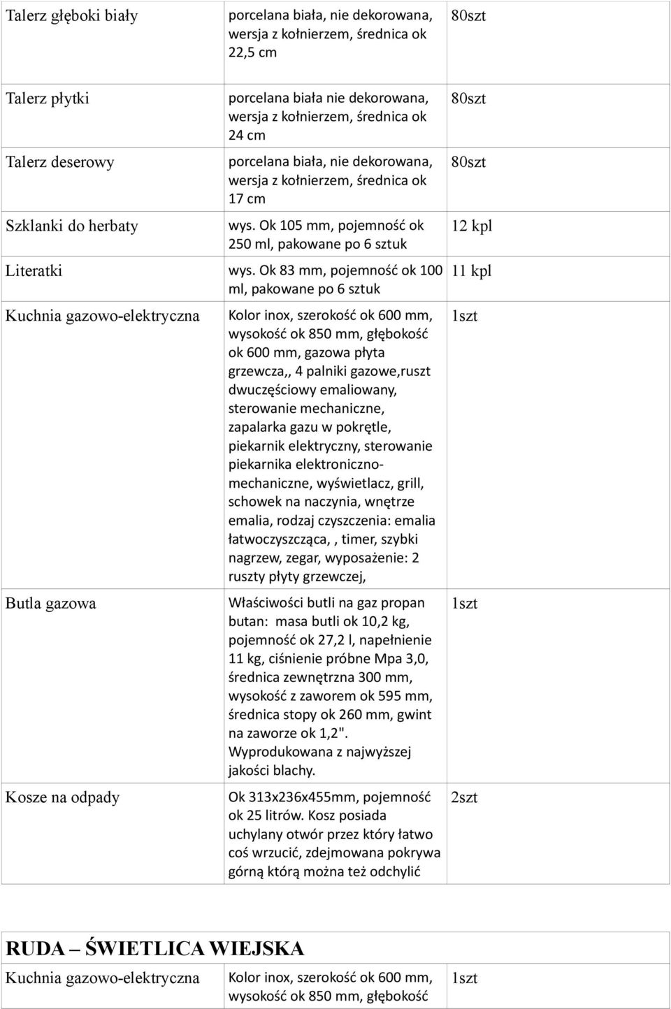 Ok 83 mm, pojemność ok 100 ml, pakowane po 6 sztuk Kuchnia gazowo-elektryczna Butla gazowa Kosze na odpady Kolor inox, szerokość ok 600 mm, wysokość ok 850 mm, głębokość ok 600 mm, gazowa płyta