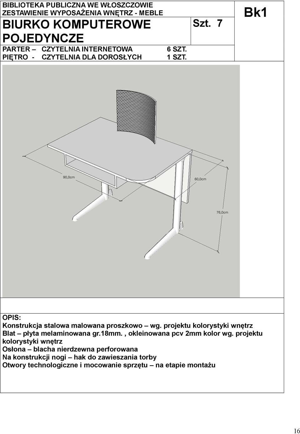 projektu kolorystyki wnętrz Blat płyta melaminowana gr.18mm., okleinowana pcv 2mm kolor wg.