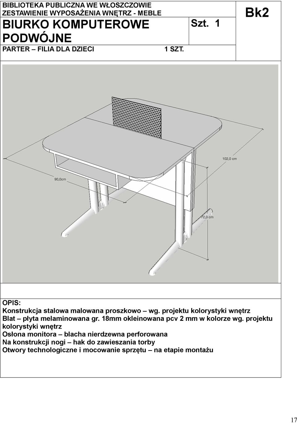 projektu kolorystyki wnętrz Blat płyta melaminowana gr. 18mm okleinowana pcv 2 mm w kolorze wg.