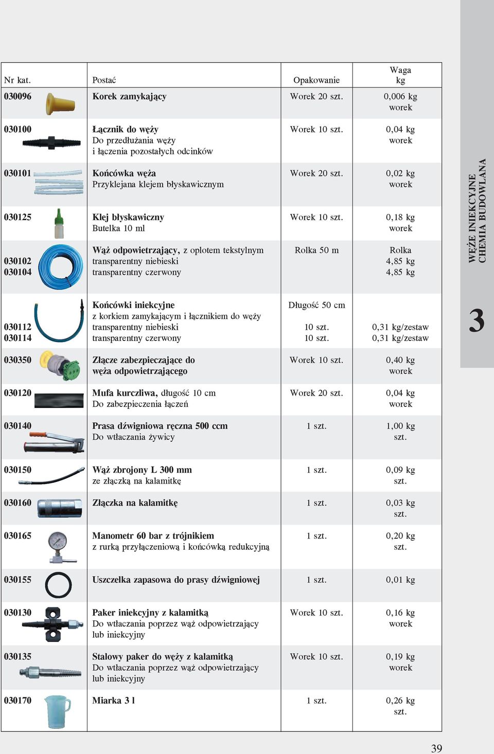 0,18 kg Butelka 10 ml Wąż odpowietrzający, z oplotem tekstylnym Rolka 50 m Rolka 00102 transparentny niebieski 4,85 kg 00104 transparentny czerwony 4,85 kg Końcówki iniekcyjne Długość 50 cm z korkiem