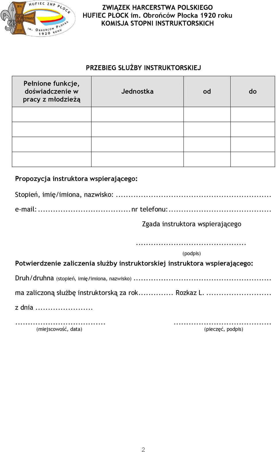 .. (podpis) Potwierdzenie zaliczenia służby instruktorskiej instruktora wspierającego: Druh/druhna (stopień,