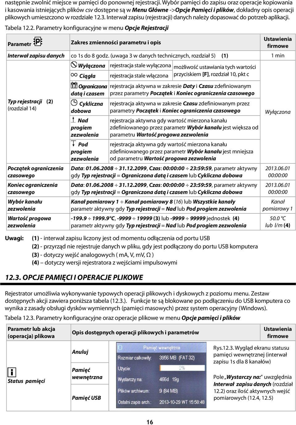 Interwał zapisu (rejestracji) danych należy dopasować do potrzeb aplikacji. Tabela 12.