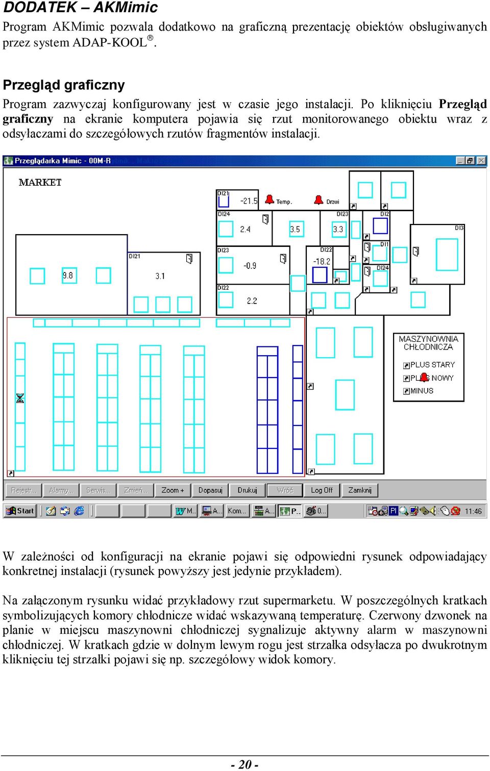 Po kliknięciu Przegląd graficzny na ekranie komputera pojawia się rzut monitorowanego obiektu wraz z odsyłaczami do szczegółowych rzutów fragmentów instalacji.
