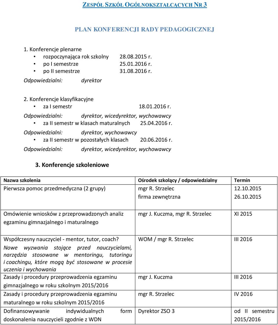 06.2016 r. 3. Konferencje szkoleniowe dyrektor, wicedyrektor, wychowawcy Nazwa szkolenia Ośrodek szkolący / odpowiedzialny Pierwsza pomoc przedmedyczna (2 grupy) mgr R. Strzelec 12.10.