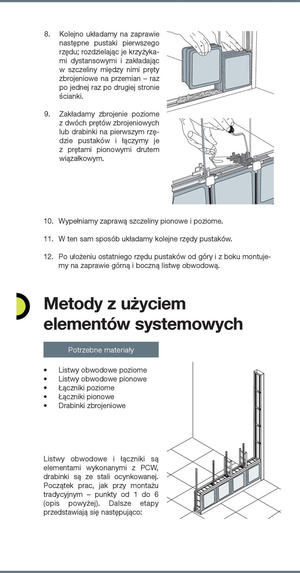 Wypełniamy zaprawą szczeliny pionowe i poziome. 11. W ten sam sposób układamy kolejne rzędy pustaków. 12.