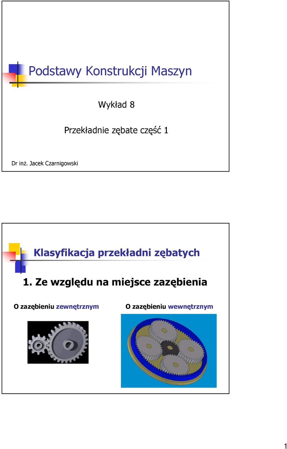 Jacek zanigoski Klasyfikacja pzekładni zębatych.