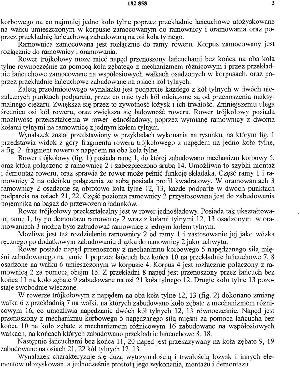 Rower trójkołowy może mieć napęd przenoszony łańcuchami bez końca na oba koła tylne równocześnie za pomocą koła zębatego z mechanizmem różnicowym i przez przekładnie łańcuchowe zamocowane na