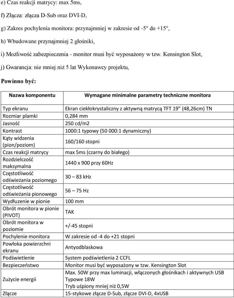 Kensington Slot, j) Gwarancja: nie mniej niż 5 lat Wykonawcy projektu, Powinno być: Nazwa komponentu Typ ekranu Rozmiar plamki Jasnośd Kontrast Kąty widzenia (pion/poziom) Czas reakcji matrycy