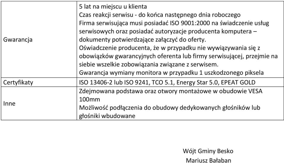 Oświadczenie producenta, że w przypadku nie wywiązywania się z obowiązków gwarancyjnych oferenta lub firmy serwisującej, przejmie na siebie wszelkie zobowiązania związane z serwisem.