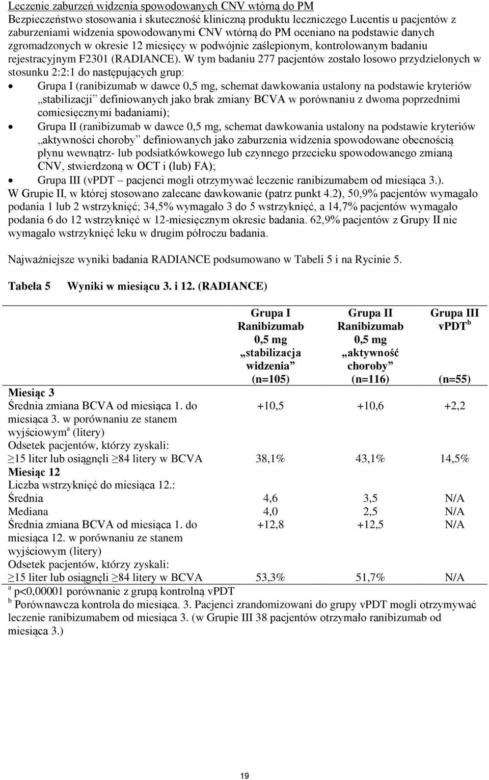 W tym badaniu 277 pacjentów zostało losowo przydzielonych w stosunku 2:2:1 do następujących grup: Grupa I (ranibizumab w dawce 0,5 mg, schemat dawkowania ustalony na podstawie kryteriów stabilizacji