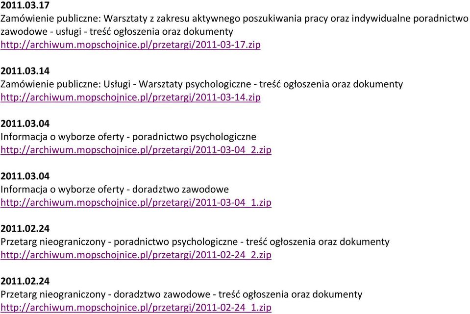 mopschojnice.pl/przetargi/2011-03-04_2.zip 2011.03.04 Informacja o wyborze oferty - doradztwo zawodowe http://archiwum.mopschojnice.pl/przetargi/2011-03-04_1.zip 2011.02.