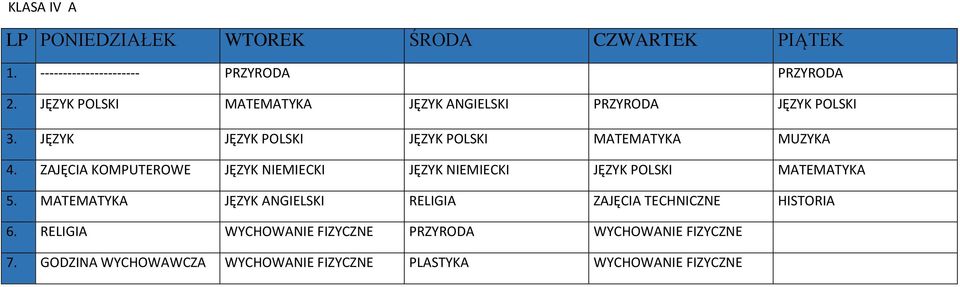 JĘZYK JĘZYK POLSKI JĘZYK POLSKI MATEMATYKA MUZYKA 4.