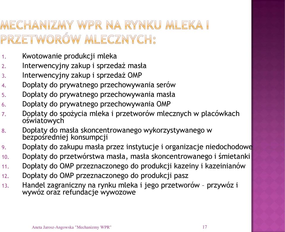 Dopłaty do masła skoncentrowanego wykorzystywanego w bezpośredniej konsumpcji 9. Dopłaty do zakupu masła przez instytucje i organizacje niedochodowe 10.