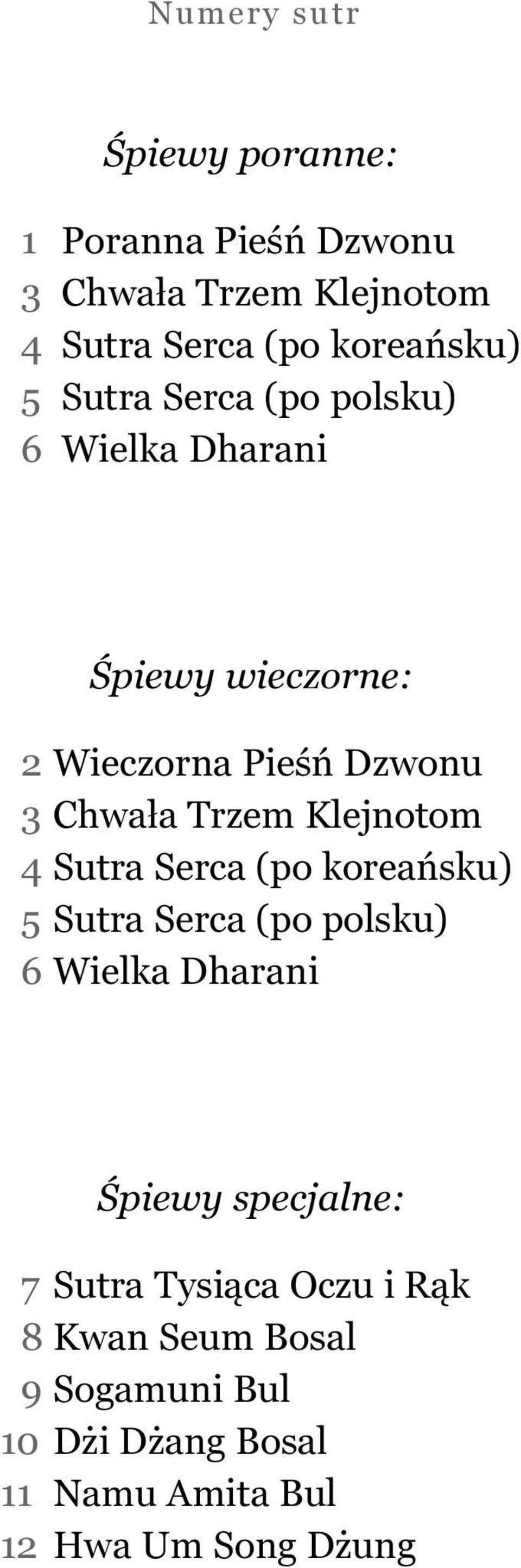 Klejnotom 3 24 Sutra Serca (po koreańsku) 4 25 Sutra Serca (po polsku) 5 26 Wielka Dharani 6 Śpiewy specjalne: 27
