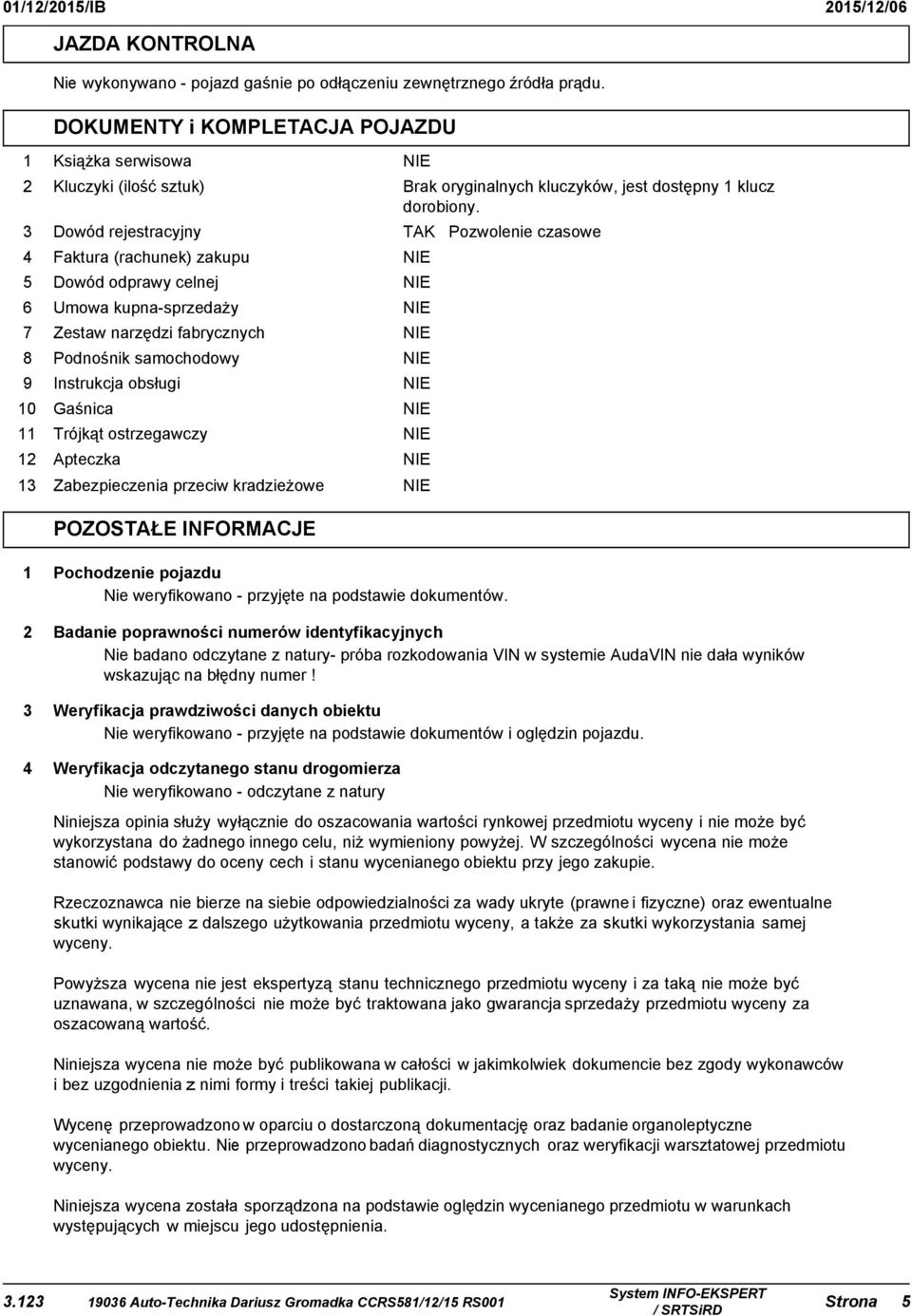 Dowód rejestracyjny TAK ozwolenie czasowe Faktura (rachunek) zakupu Dowód odprawy celnej Umowa kupna-sprzedaży 7 Zestaw narzędzi fabrycznych 8 odnośnik samochodowy 9 Instrukcja obsługi 0 Gaśnica