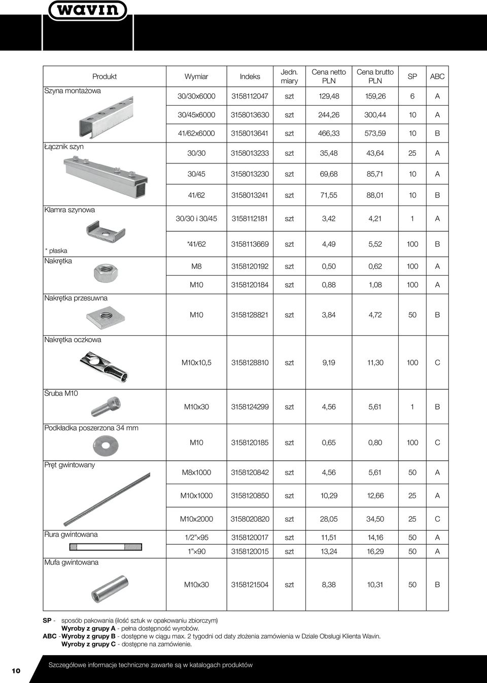 3158120192 szt 0,50 0,62 100 A M10 3158120184 szt 0,88 1,08 100 A Nakrętka przesuwna M10 3158128821 szt 3,84 4,72 50 B Nakrętka oczkowa M10x10,5 3158128810 szt 9,19 11,30 100 C Śruba M10 M10x30