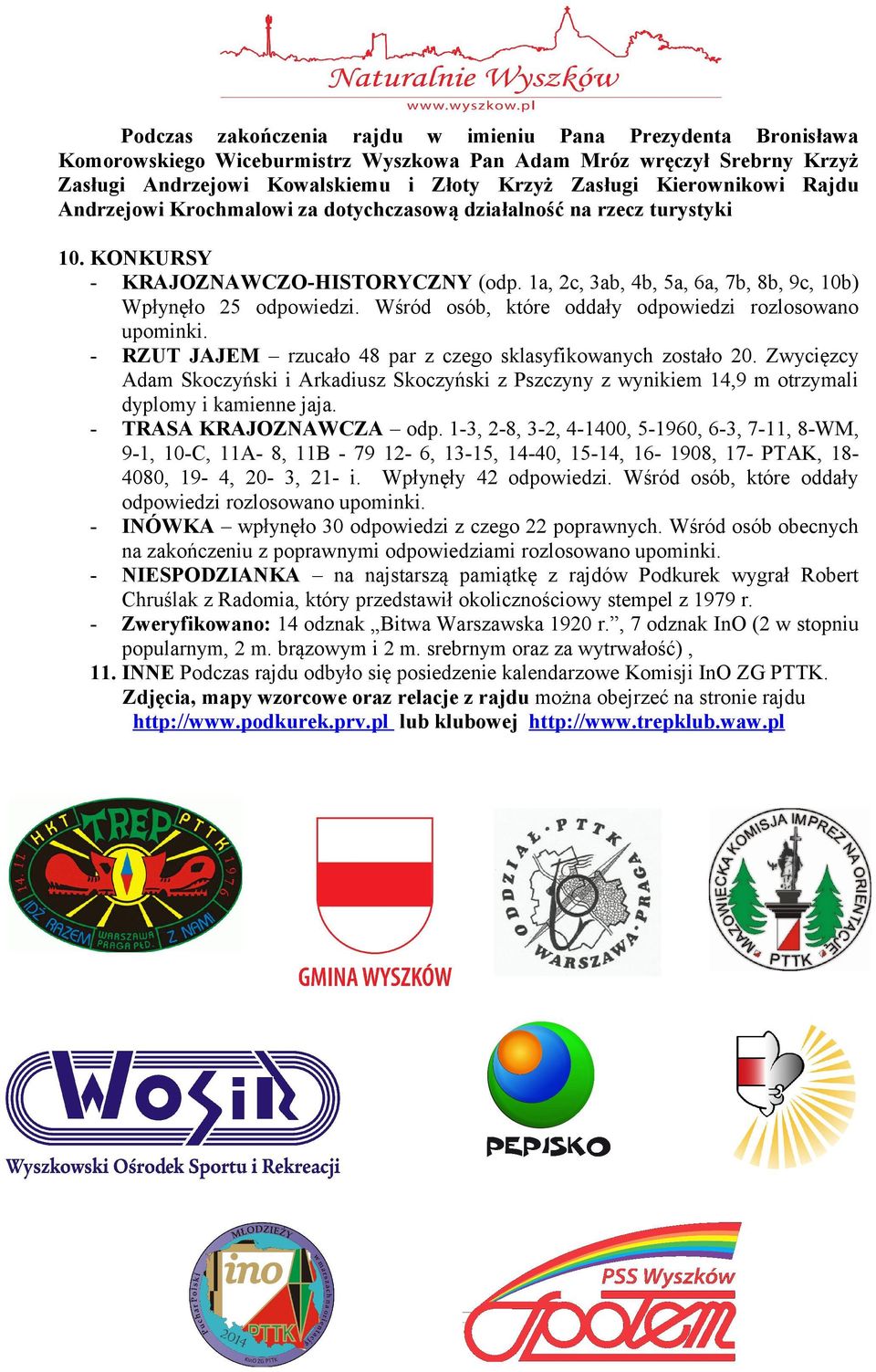 Wśród osób, które oddały odpowiedzi rozlosowano upominki. RZUT JAJEM rzucało 8 par z czego sklasyfikowanych zostało 20.