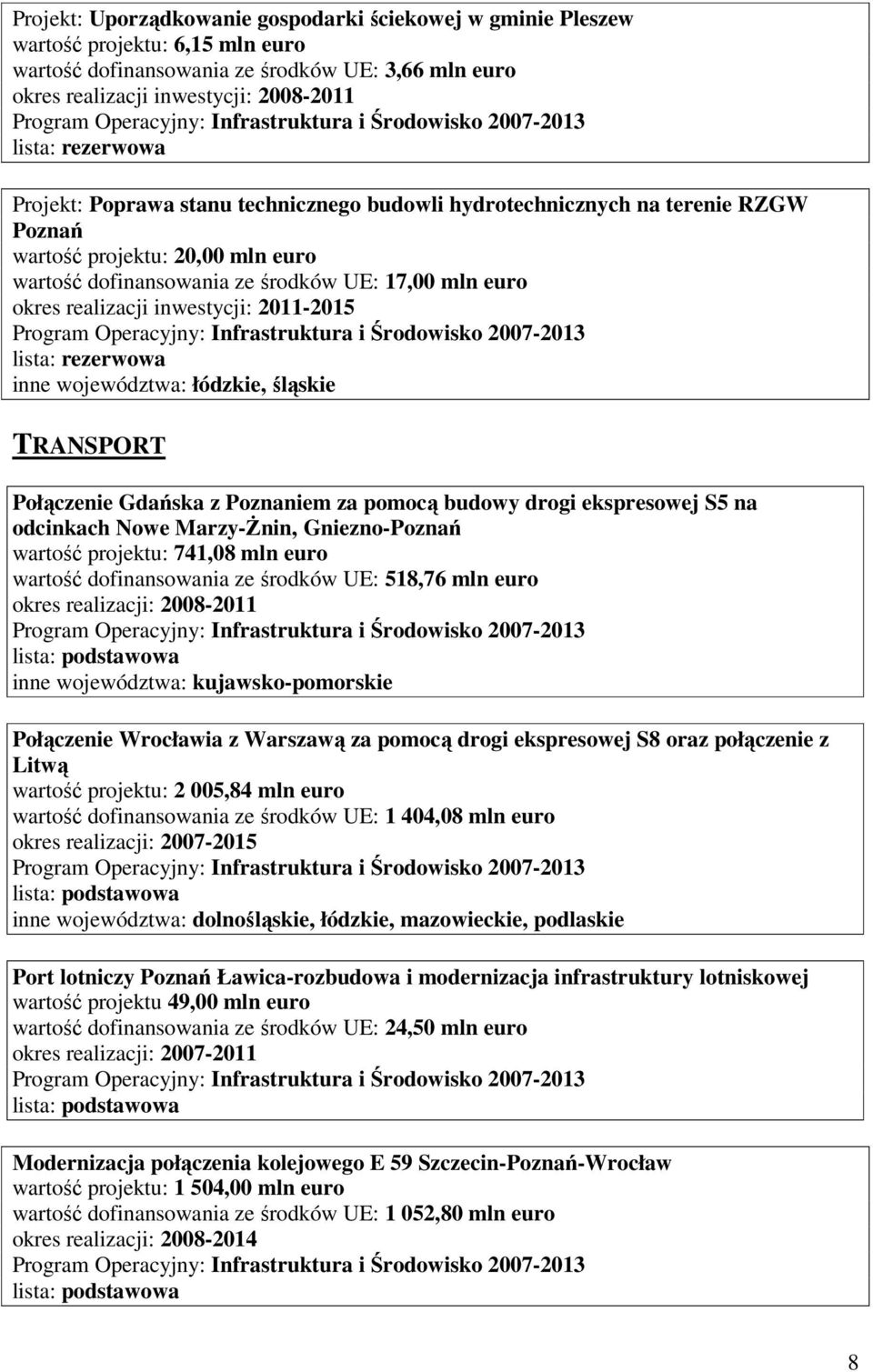 śląskie TRANSPORT Połączenie Gdańska z Poznaniem za pomocą budowy drogi ekspresowej S5 na odcinkach Nowe Marzy-śnin, Gniezno-Poznań wartość projektu: 741,08 mln euro wartość dofinansowania ze środków