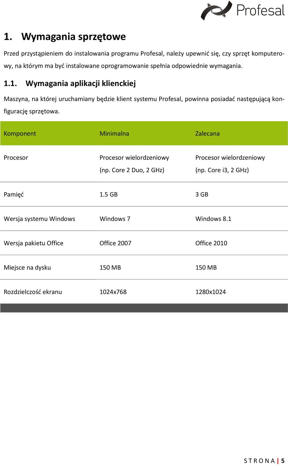 1. Wymagania aplikacji klienckiej Maszyna, na której uruchamiany będzie klient systemu Profesal, powinna posiadać następującą konfigurację sprzętowa.