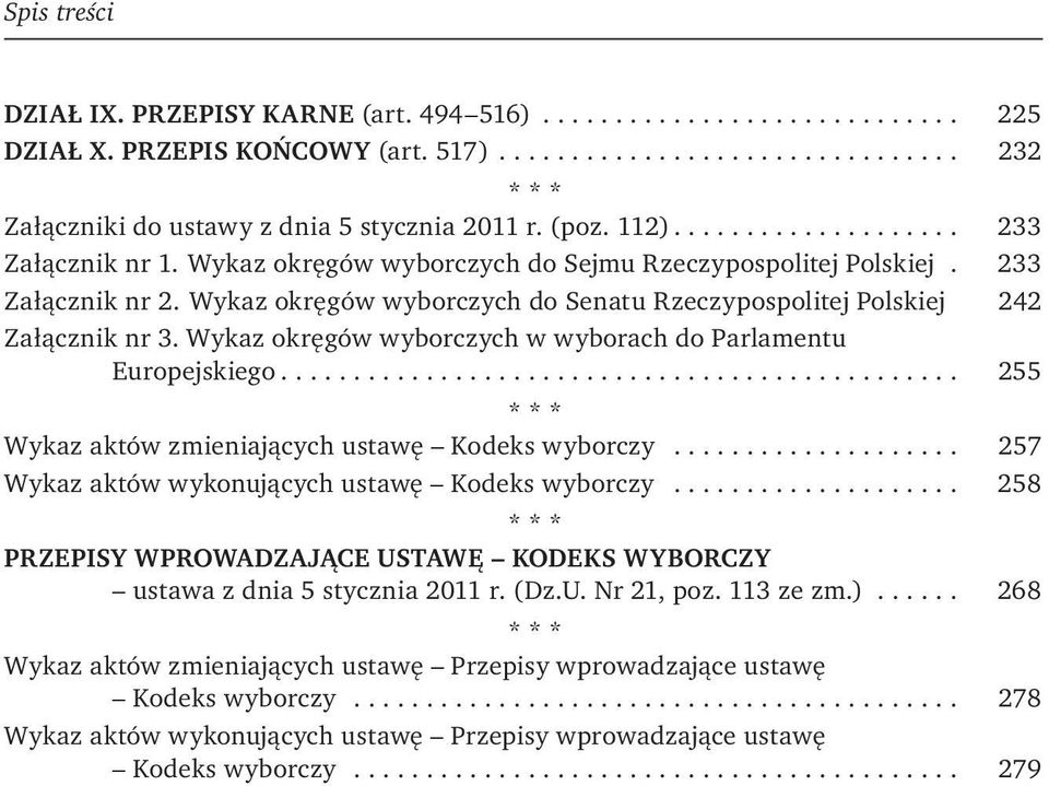 Wykaz okręgów wyborczych w wyborach do Parlamentu Europejskiego... 255 * * * Wykaz aktów zmieniających ustawę Kodeks wyborczy... 257 Wykaz aktów wykonujących ustawę Kodeks wyborczy.