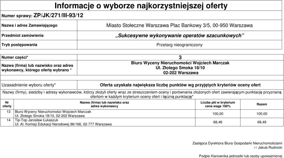 streszczeniem oceny i porównania złożonych ofert zawierającym punktację przyznaną 13 Biuro Wyceny Nieruchomości Wojciech