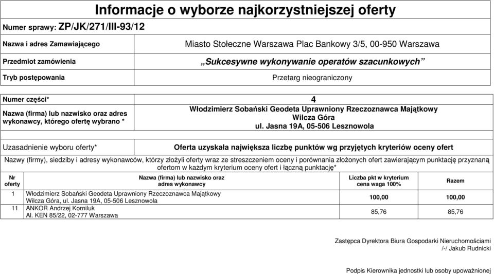Jasna 19A, 05-506 Lesznowola Uzasadnienie wyboru * Nazwy (firmy), siedziby i adresy wykonawców, którzy złożyli wraz ze