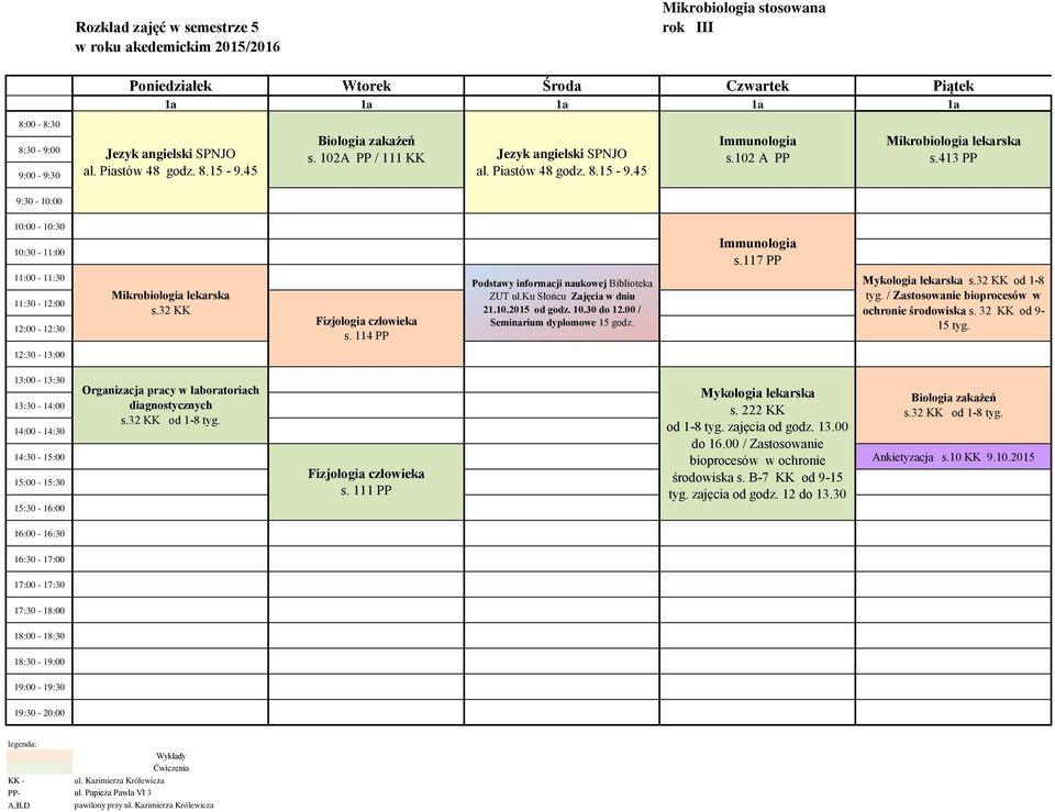 ku Słońcu Zajęcia w dniu 21.10.2015 od godz. 10.30 do 12.00 / Seminarium dyplomowe 15 godz. Immunologia s.117 PP Mykologia lekarska s.32 KK od 1-8 tyg.