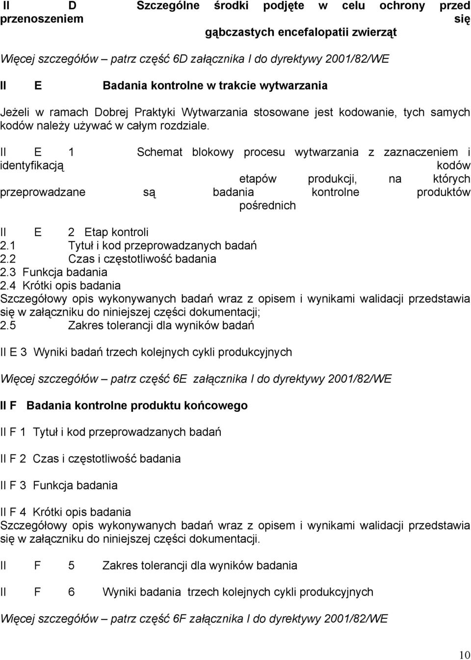 II E 1 Schemat blokowy procesu wytwarzania z zaznaczeniem i identyfikacją kodów etapów produkcji, na których przeprowadzane są badania kontrolne produktów pośrednich II E 2 Etap kontroli 2.