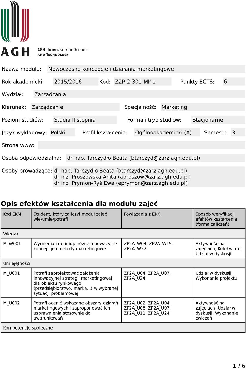 Tarczydło Beata (btarczyd@zarz.agh.edu.pl) Osoby prowadzące: dr hab. Tarczydło Beata (btarczyd@zarz.agh.edu.pl) dr inż. Proszowska Anita (aproszow@zarz.agh.edu.pl) dr inż. Prymon-Ryś Ewa (eprymon@zarz.